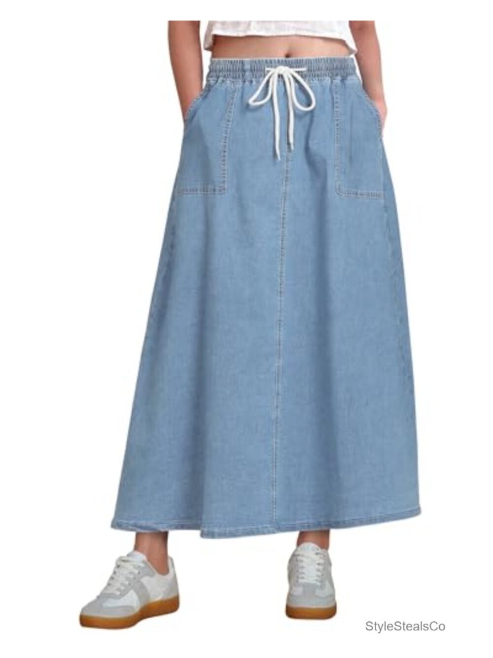 Womens A-Line Maxi Denim Skirt Pull On Stretchy Elastic Waist
